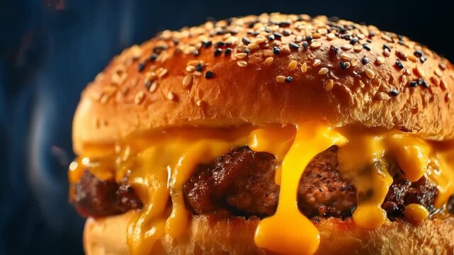 Cinematic close-up of a juicy cheeseburger with dripping melted cheese and smoke