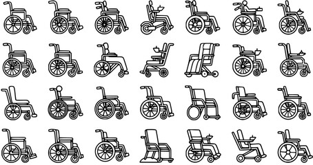 Obraz premium Healthcare and Disability Wheelchair Vector Line Art Icon Set. Medical Mobility Aid Symbols Collection in Outline Style.
