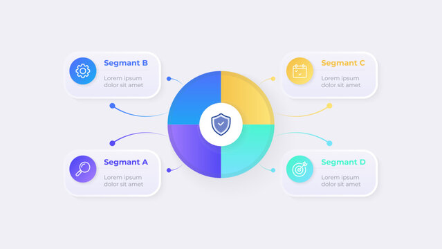 Modern 4 step business process infographic diagram with circular workflow segments, connected information cards, strategy presentation template and minimal data visualization.