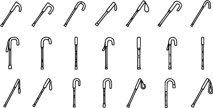 Black and White Line Art Collection of Walking Cane Variations