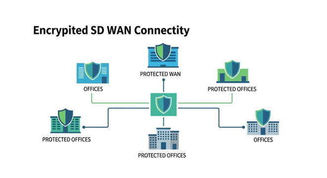 Encrypted SD WAN Connectivity Diagram Illustrating Secure Network Architecture. Vector Illustrations. EPS Editable