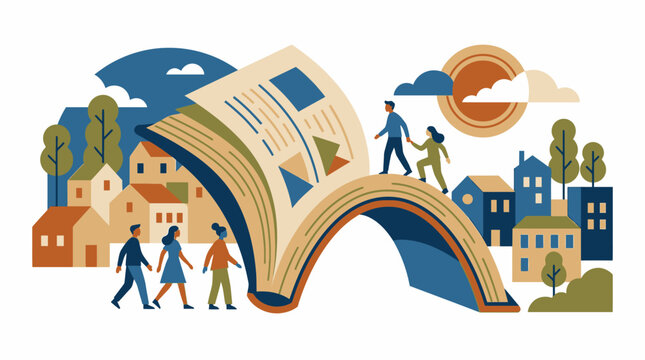 Giant Open Book Archway with People Walking Over It. Vector Illustrations. EPS Editable