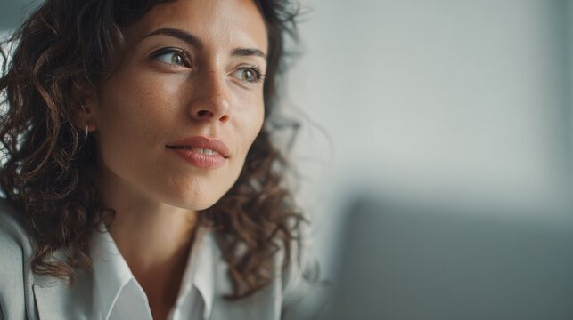 Close-up medium shot of a candidate listening attentively while using a computer in an interview, soft natural lighting, minimal office background. with copy space