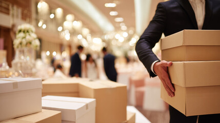 Groom organizing cardboard boxes with wedding supplies, medium close-up, modern reception hall interior, warm overhead lighting, bride and coordinators visible in background blur, clean professional