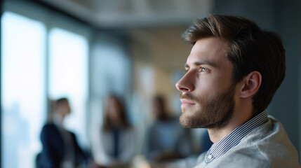 Obraz premium Medium shot of a candidate in business casual outfit listening attentively, relaxed posture, bright office setting, shallow focus.