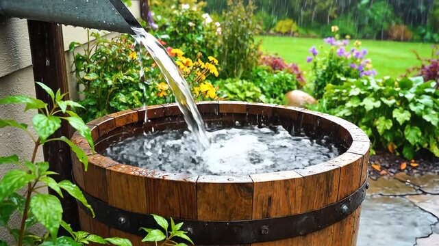 Rainwater harvesting from downspout into wooden barrel in lush garden