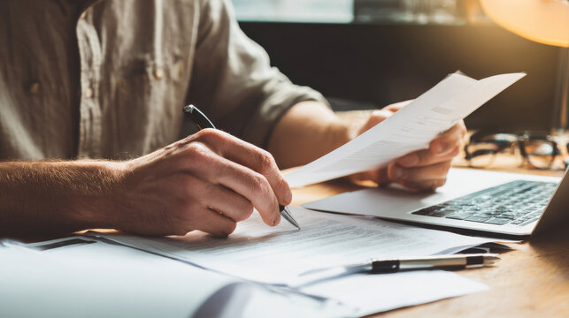 Medium shot of a person double-checking a job application form, casual attire, modern desk with documents and laptop, natural light. with copy space