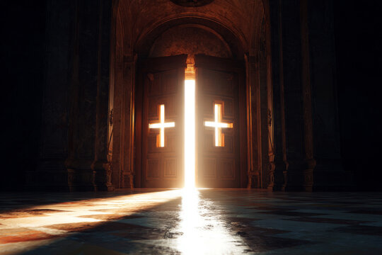 Open church doors with bright sunlight creating cross-shaped light beams on floor, peaceful cresima celebration background, wide angle composition. with copy space