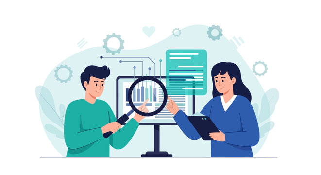 Two people analyzing data on a computer screen with a magnifying glass. Vector Illustrations. EPS Editable