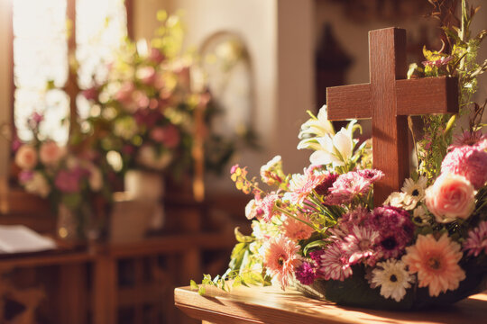 Decorative floral arrangement around wooden confirmation cross on altar, soft morning sunlight highlighting textures, peaceful spiritual cresima setting, shallow depth of field. with copy space
