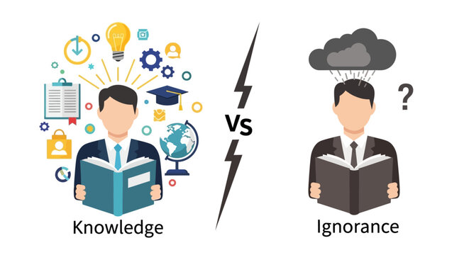 Knowledge versus Ignorance A conceptual illustration depicting the benefits of wisdom against the drawbacks of confusion and lack of learning