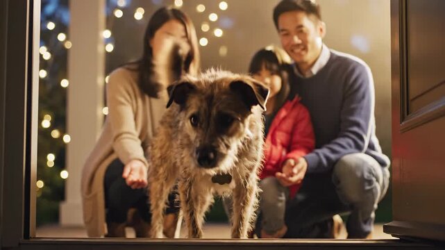 Asian family greeting shaggy mixed breed dog at open doorway under warm golden decorative lights