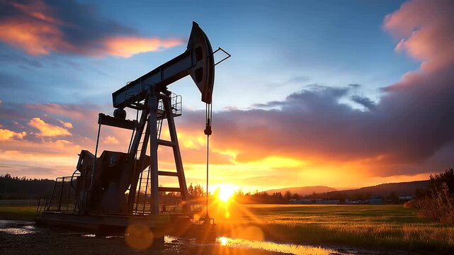 Oil pump jack standing silhouetted against stunning sunset, picturesque rural landscape with expansive fields and colorful sky concept, defocused background, with copy space