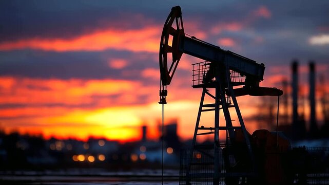 Lone oil pump jack standing silhouetted against fiery red sunrise sky, raw power and industrious nature of energy sector embodied concept, defocused background, with copy space