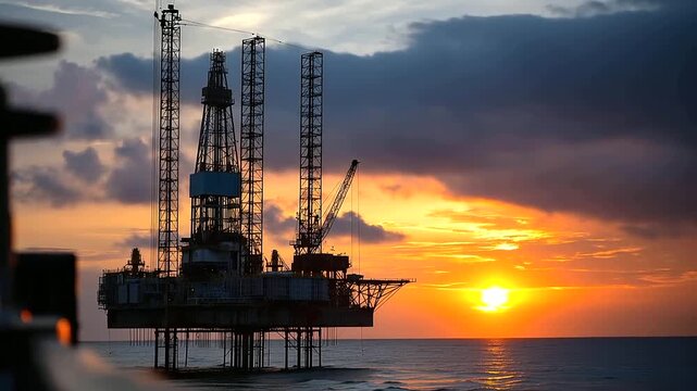 Stunning offshore oil rig silhouetted against vibrant sunset, beauty of industry and nature coexisting on open ocean concept, defocused background, with copy space