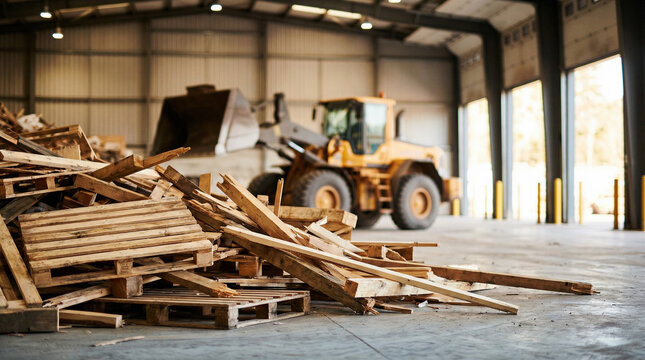 Pile of broken wooden pallets in a warehouse with a yellow front loader tractor in the background