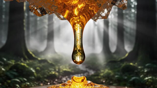 Macro shot of viscous golden amber sap dripping from crystalline bark in misty backlit forest