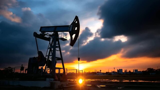 Silhouette of oil pumpjack in desert landscape at sunset with dramatic clouds and vibrant sky colors, petroleum extraction concept, defocused background, with copy space