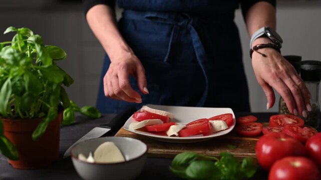 Chief Apron-Clad Girl Cooking Tasty Traditional Caprese Salad