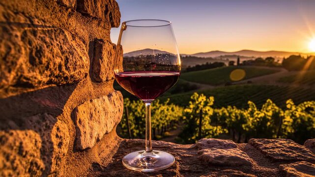 Ruby red wine in crystal glass on textured stone wall over sun-drenched vineyard hills during sunset
