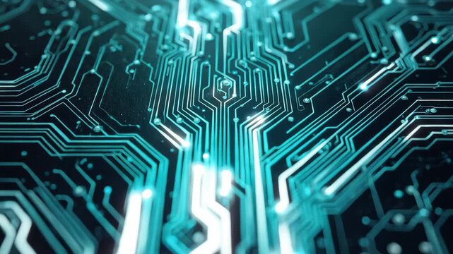 インディゴからミントへ冷色グラデが流れる涼感の回路デザイン、人物なし
