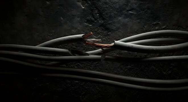 Abstract background bundled dusty black power cables frayed wire dangerous electrical.