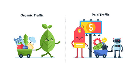 Fototapeta premium Illustrative comparison of natural, sustainable organic traffic generation versus targeted, immediate paid advertising promotion strategies