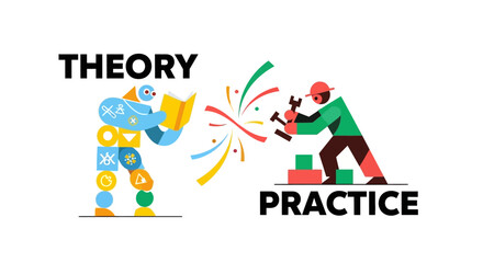 Fototapeta premium Theory vs Practice illustrated with abstract figures representing learning and hands-on work with tools