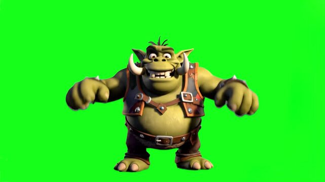 A muscular 3D green-skinned orc character wearing leather armor and tusks, standing in a ready pose on a green background.