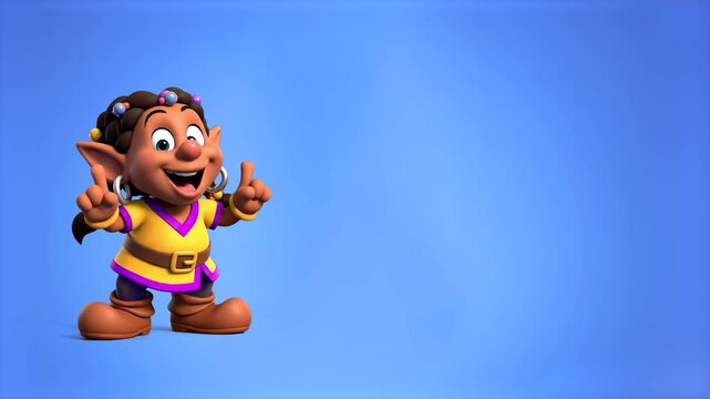 A charming 3D animated fairy tale gnome or dwarf character wearing a yellow tunic and purple vest, looking excited and pointing his finger up next to a large empty blue space. Ideal for presentation t