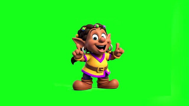 A happy, stylized 3D fantasy dwarf mascot with a brown beard and yellow tunic, isolated on a chroma key green background.