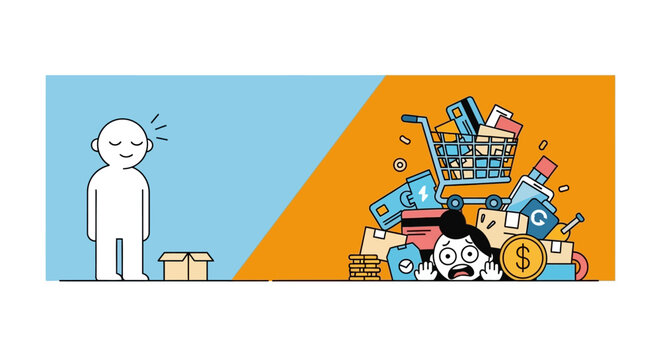 Visualizing the impact of choices from modest contentment to the immense pressure of uncontrolled spending and excessive purchases