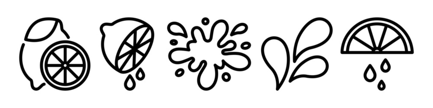 Citrus icon set with lemon wedges, halves and juice drops. Outline pictograms with splash elements and editable stroke. Fresh fruit and beverage concept. 