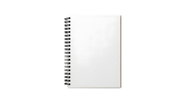 A spiral bound blank notebook with a white cover for writing notes and creative sketching projects isolated on transparent background