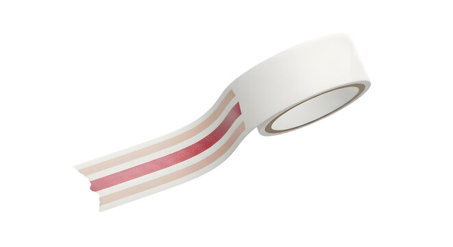 A decorative roll of adhesive tape featuring a minimalist design with soft pink and red stripes isolated on transparent background