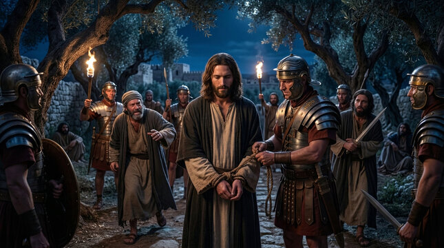 Jesus Arrested by Roman Guards in the Garden of Gethsemane at Night