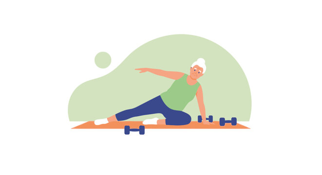 Person performing yoga stretch on exercise mat with weights. Vector Illustrations. EPS Editable