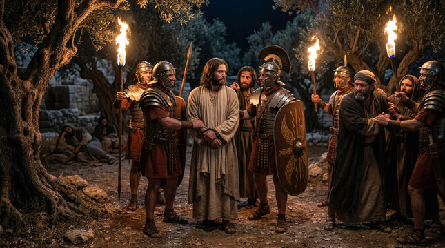 Jesus Arrested by Roman Guards in the Garden of Gethsemane at Night