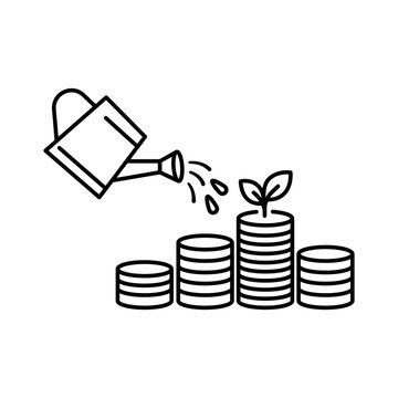 Minimalist black line vector icon illustration of dividend yield on white background, featuring a financial growth chart and currency symbol for investment analysis, stock market profit, and ROI.