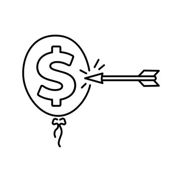 Minimalist black line vector icon illustration of inflation impact featuring a rising arrow and currency symbol on a white background, ideal for financial reports and economic data analysis.