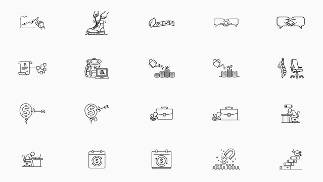 20 Minimalist Black Line Vector Icon Set Bundle: Business Finance and Lifestyle Concepts including Conflict Resolution, Inflation, Digital Nomad, Smart Contract, Upskilling, and Talent Acquisition.