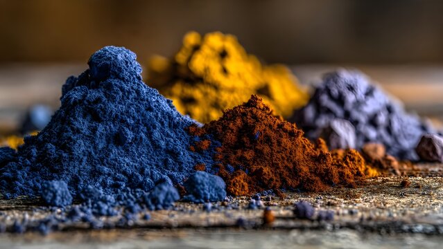 Piles of Vibrant Raw Mineral Pigments and Powder Dyes on Rustic Wood