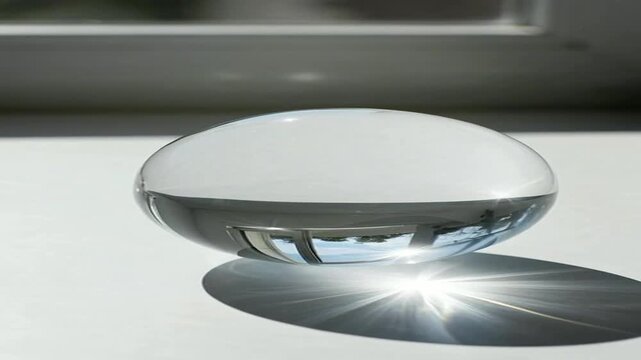Close-up of a clear glass lens creating a bright light reflection on a white surface.