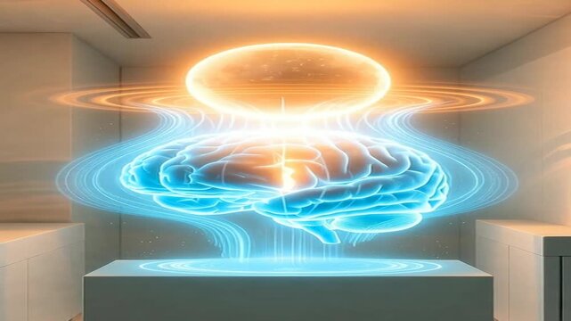 Futuristic Holographic Brain Displaying Advanced AI and Cognitive Functions in a Modern Lab Environment.
