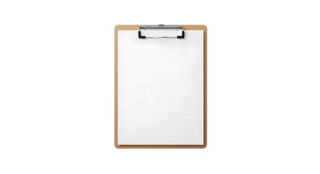 A standard wooden clipboard with a single clean sheet of white paper held by a silver metal clip isolated on transparent background