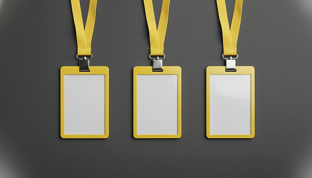 Three yellow blank ID badge holders with lanyards on dark background