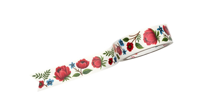 A decorative roll of adhesive craft tape featuring a beautiful pattern of red and blue flowers isolated on transparent background