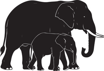 Fototapeta premium Black Silhouette of Mother and Baby Elephant Standing Together