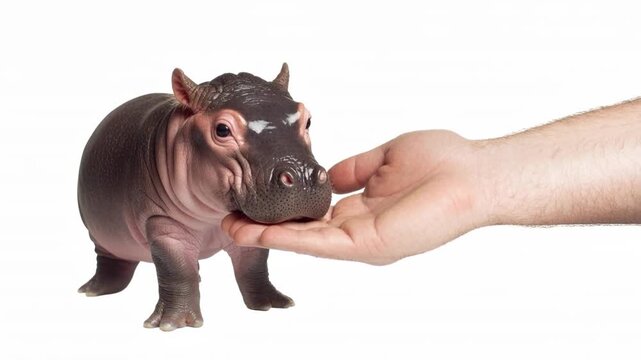 Baby Hippo Interacting with Human Hand