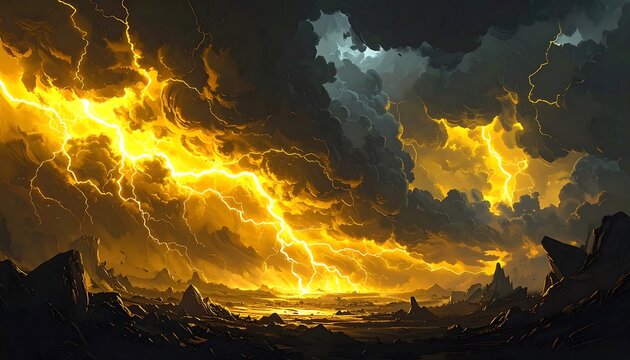 Dramatic fiery landscape with dark clouds.